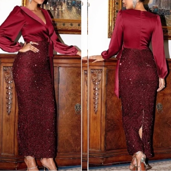 Regular - Sequin Lace Party Dress with Satin Skirt & Ribbon Belt main image 1